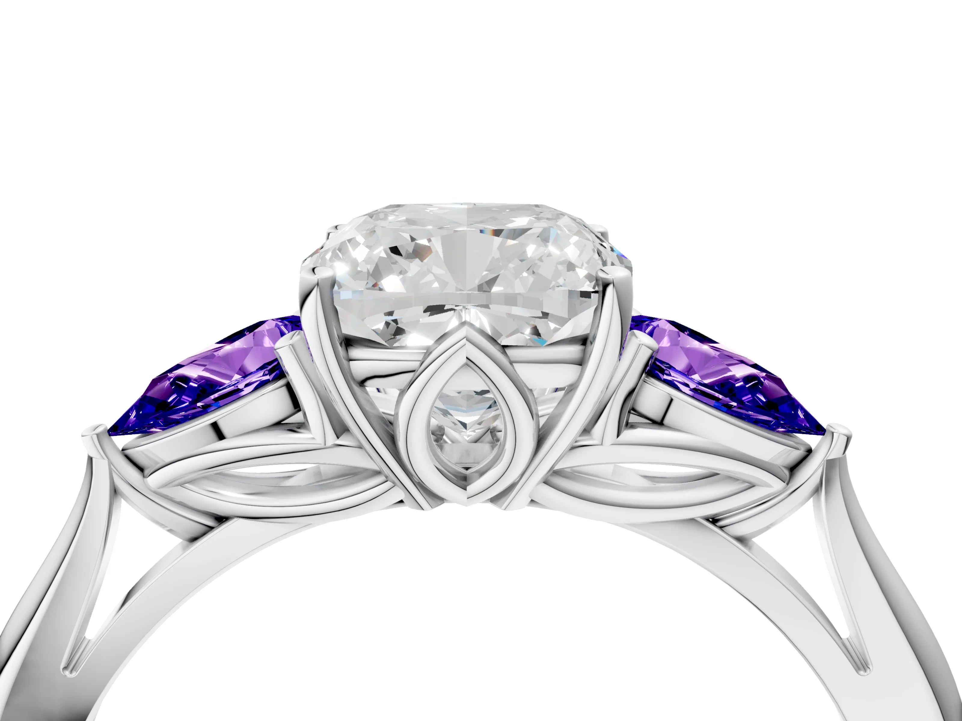 White gold Cushion Cut Diamond Three-Stone Ring with Pear with Tanzanite side stone Side Stones and Prong Setting_16