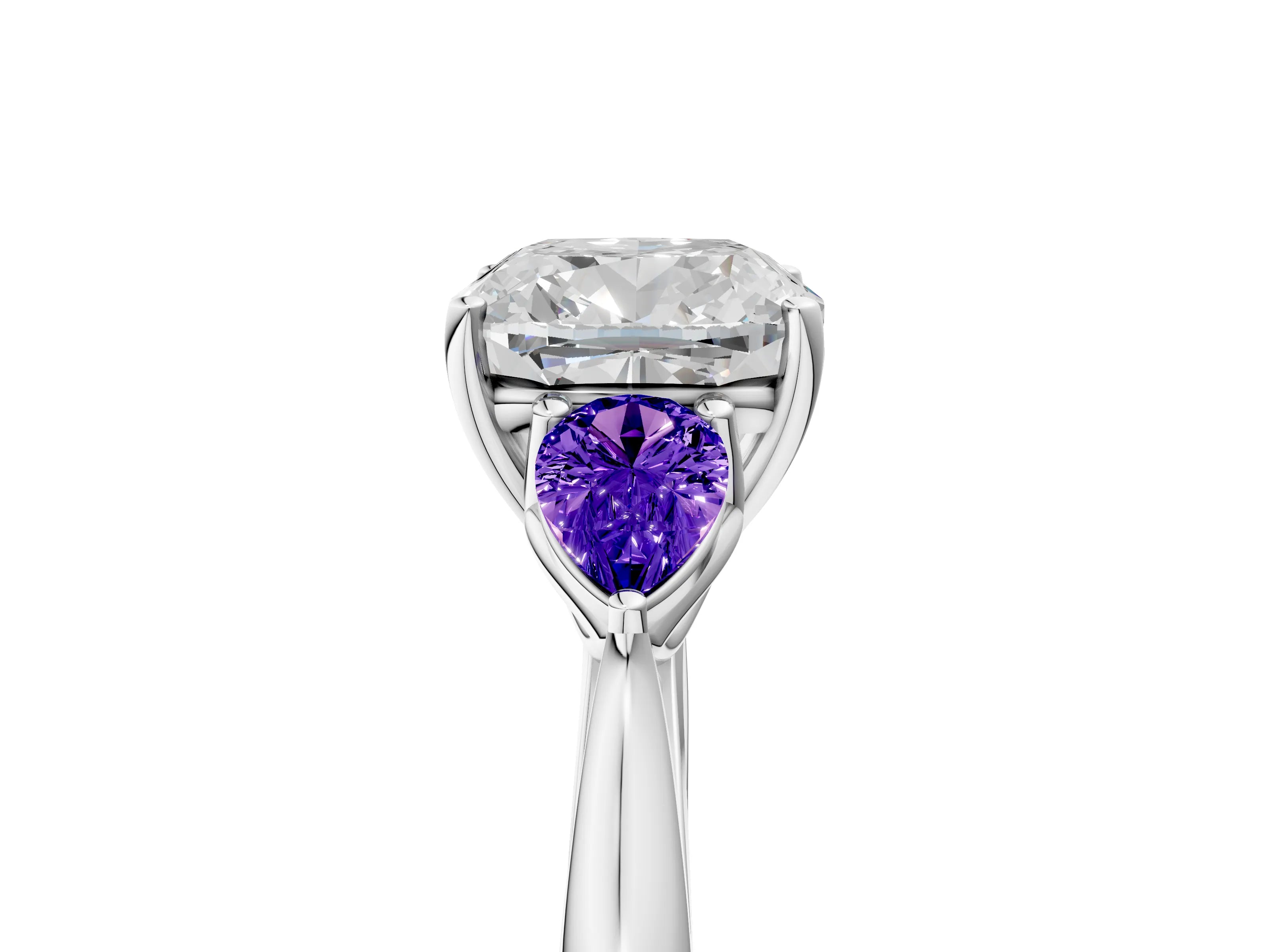 White gold Cushion Cut Diamond Three-Stone Ring with Pear with Tanzanite side stone Side Stones and Prong Setting_17