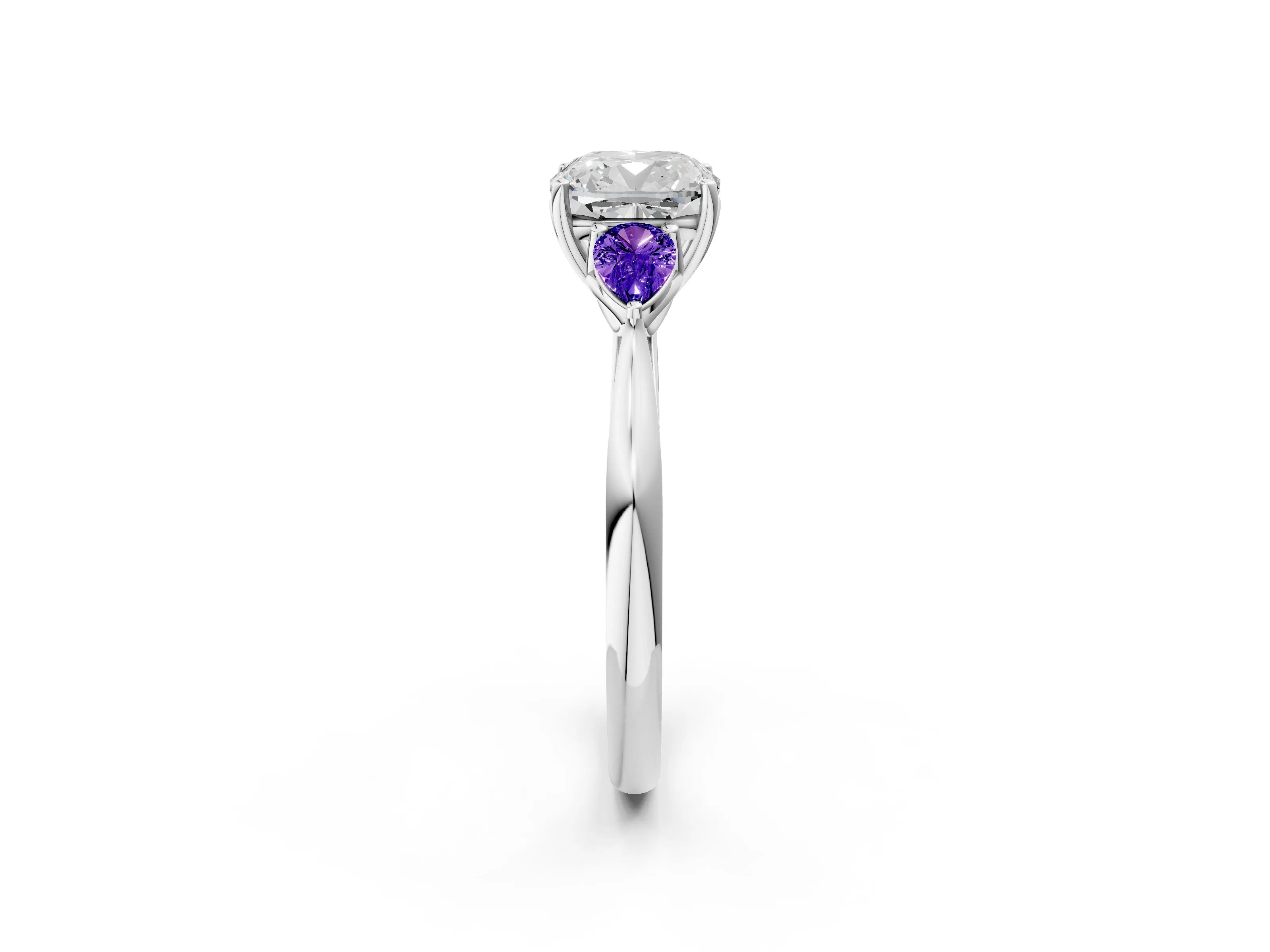 White gold Cushion Cut Diamond Three-Stone Ring with Pear with Tanzanite side stone Side Stones and Prong Setting_38