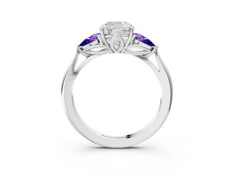 White gold Cushion Cut Diamond Three-Stone Ring with Pear with Tanzanite side stone Side Stones and Prong Setting_39