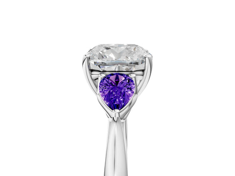 White gold Cushion Cut Diamond Three-Stone Ring with Pear with Tanzanite side stone Side Stones and Prong Setting_41