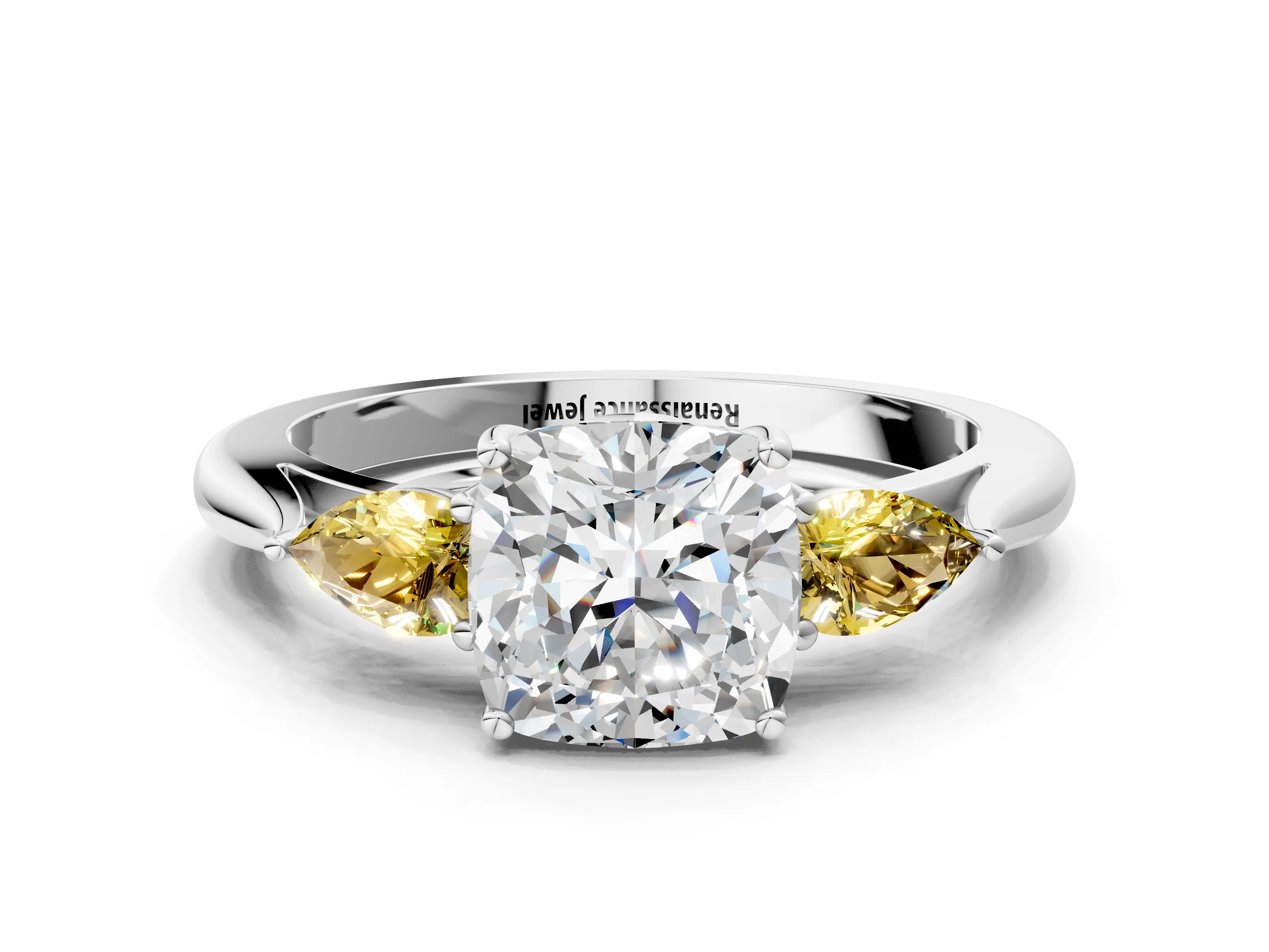 White gold Cushion Cut Diamond Three-Stone Ring with Pear with Yellow Sapphire side stone Side Stones and Prong Setting_36