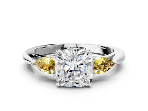 White gold Cushion Cut Diamond Three-Stone Ring with Pear with Yellow Sapphire side stone Side Stones and Prong Setting_36