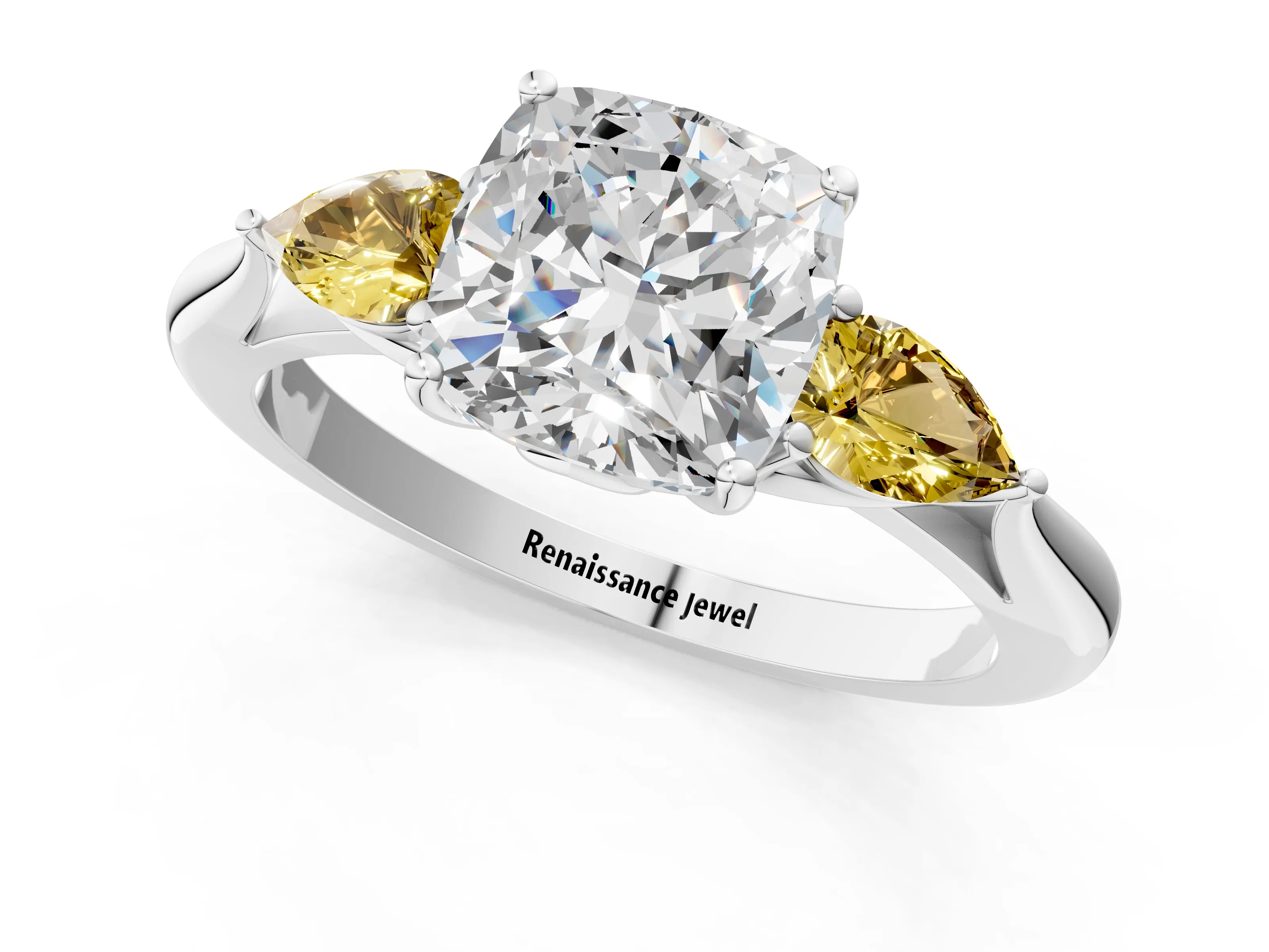 White gold Cushion Cut Diamond Three-Stone Ring with Pear with Yellow Sapphire side stone Side Stones and Prong Setting_37