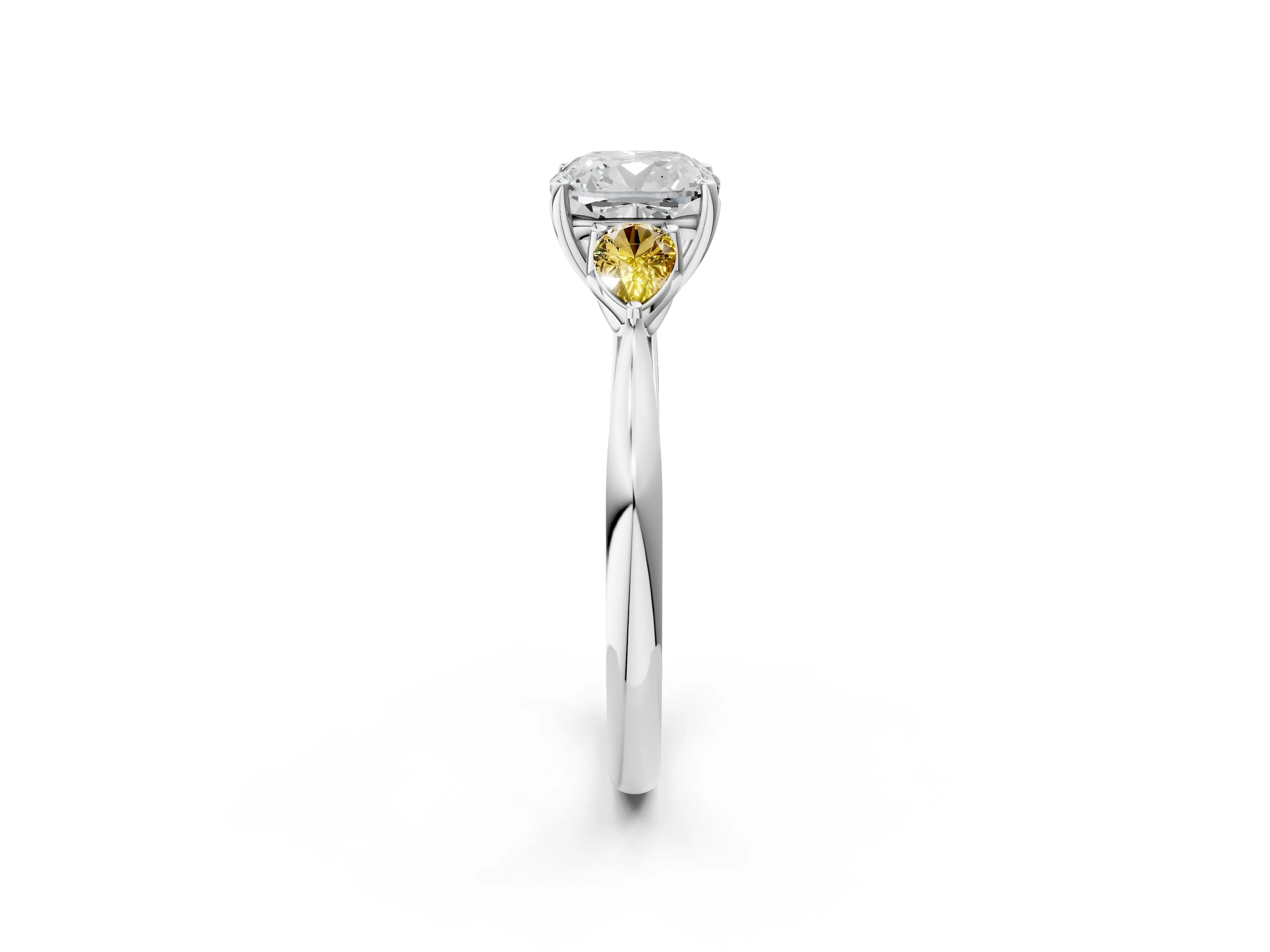 White gold Cushion Cut Diamond Three-Stone Ring with Pear with Yellow Sapphire side stone Side Stones and Prong Setting_38