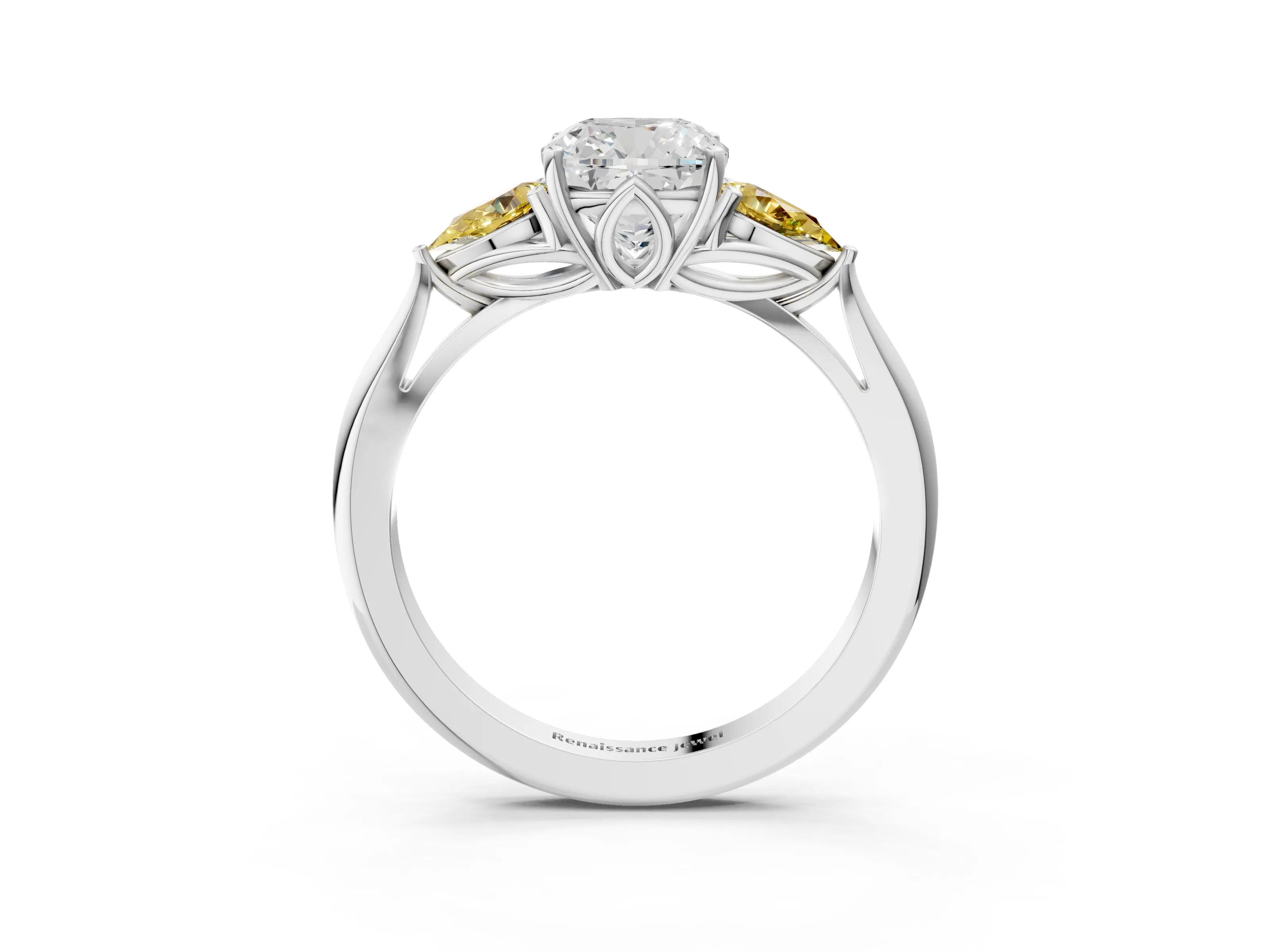 White gold Cushion Cut Diamond Three-Stone Ring with Pear with Yellow Sapphire side stone Side Stones and Prong Setting_39