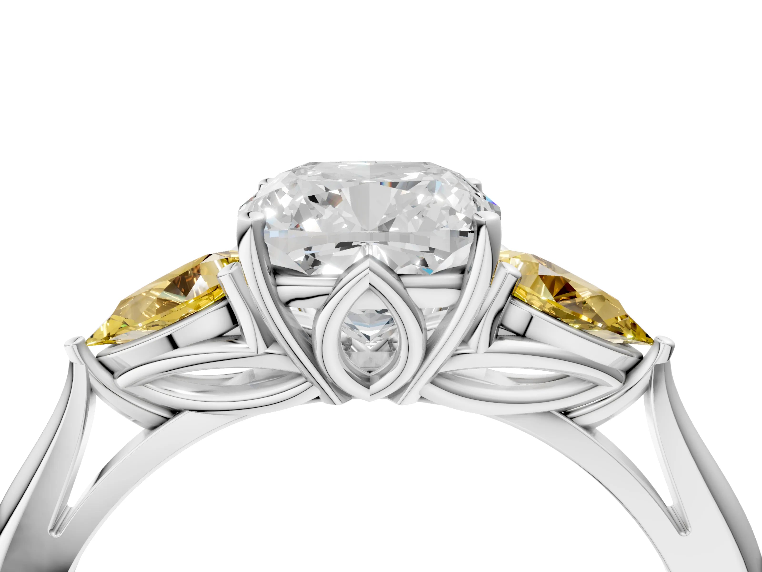 White gold Cushion Cut Diamond Three-Stone Ring with Pear with Yellow Sapphire side stone Side Stones and Prong Setting_64