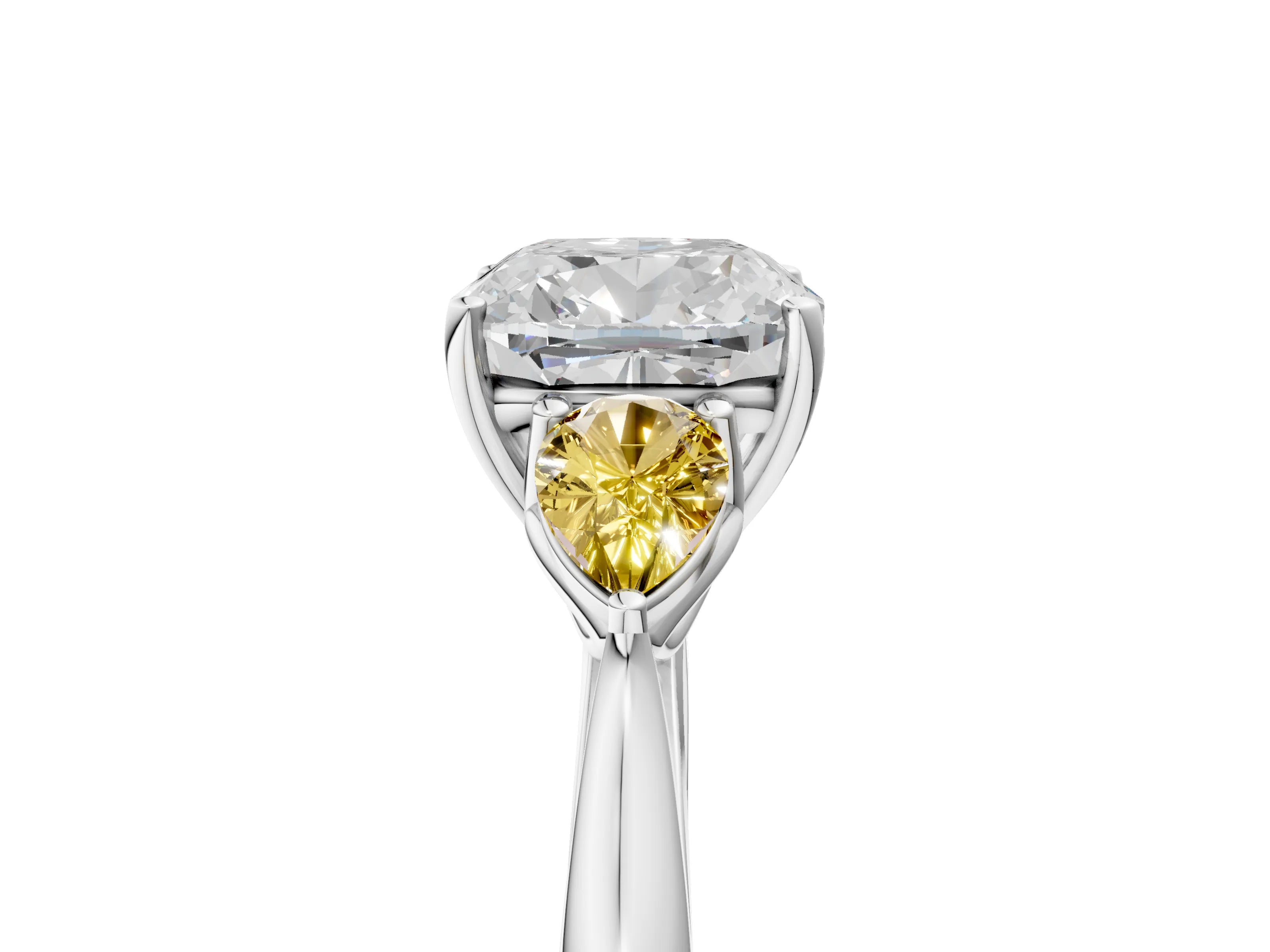 White gold Cushion Cut Diamond Three-Stone Ring with Pear with Yellow Sapphire side stone Side Stones and Prong Setting_65