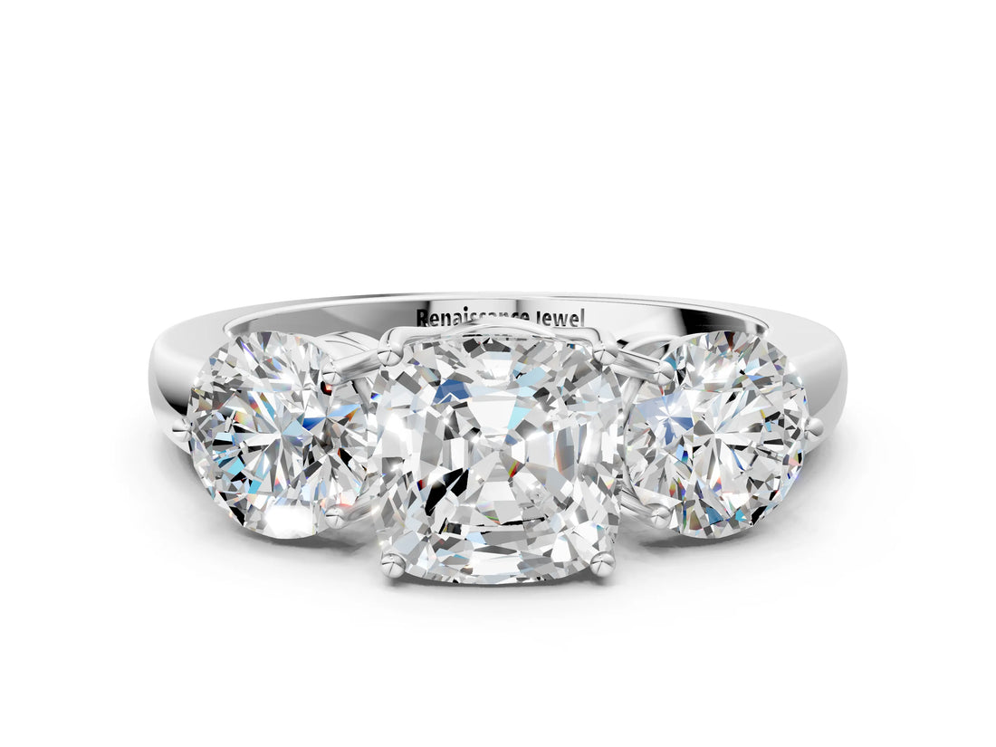White gold Cushion Cut Diamond Three-Stone Ring with Prong Setting and Classic Band_79