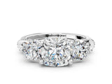 White gold Cushion Cut Diamond Three-Stone Ring with Prong Setting and Pavé Band_314