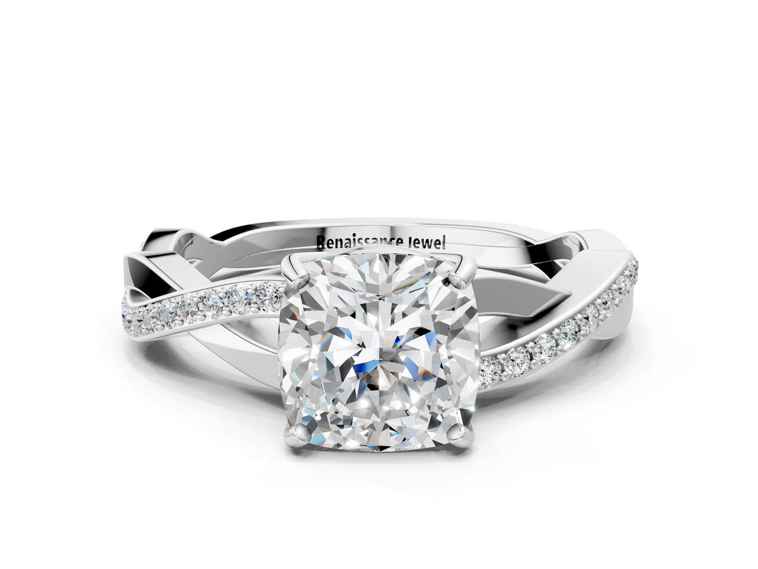 White gold Cushion Cut Diamond Twisted Band Engagement Ring with Prong Setting_39