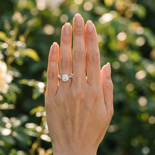 White gold Cushion Cut Diamond Twisted Band with Pavé Setting and Four-Prong Setting