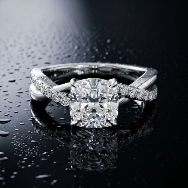 White gold Cushion Cut Diamond Twisted Band with Pavé Setting and Four-Prong Setting