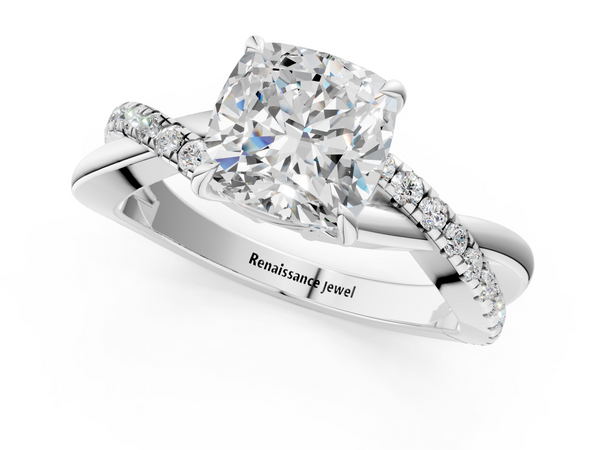 White gold Cushion Cut Diamond Twisted Band with Pavé Setting and Four-Prong Setting