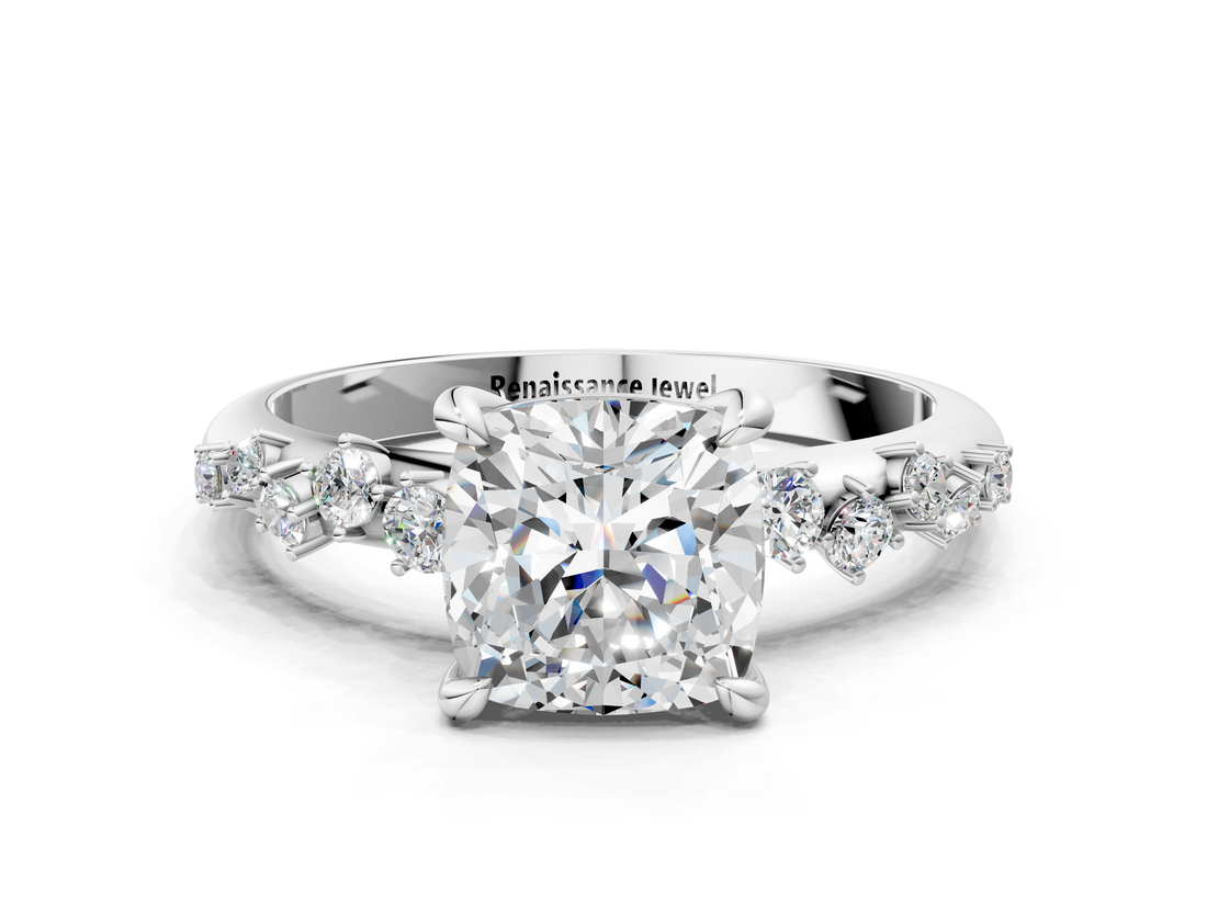 White gold Cushion Cut Diamond Vine Band with Four-Prong Setting_110