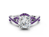 White gold Cushion Cut Diamond with Amethyst side stone Halo Twist Band Solitaire Prong Setting Ring