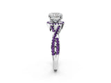 White gold Cushion Cut Diamond with Amethyst side stone Halo Twist Band Solitaire Prong Setting Ring_14