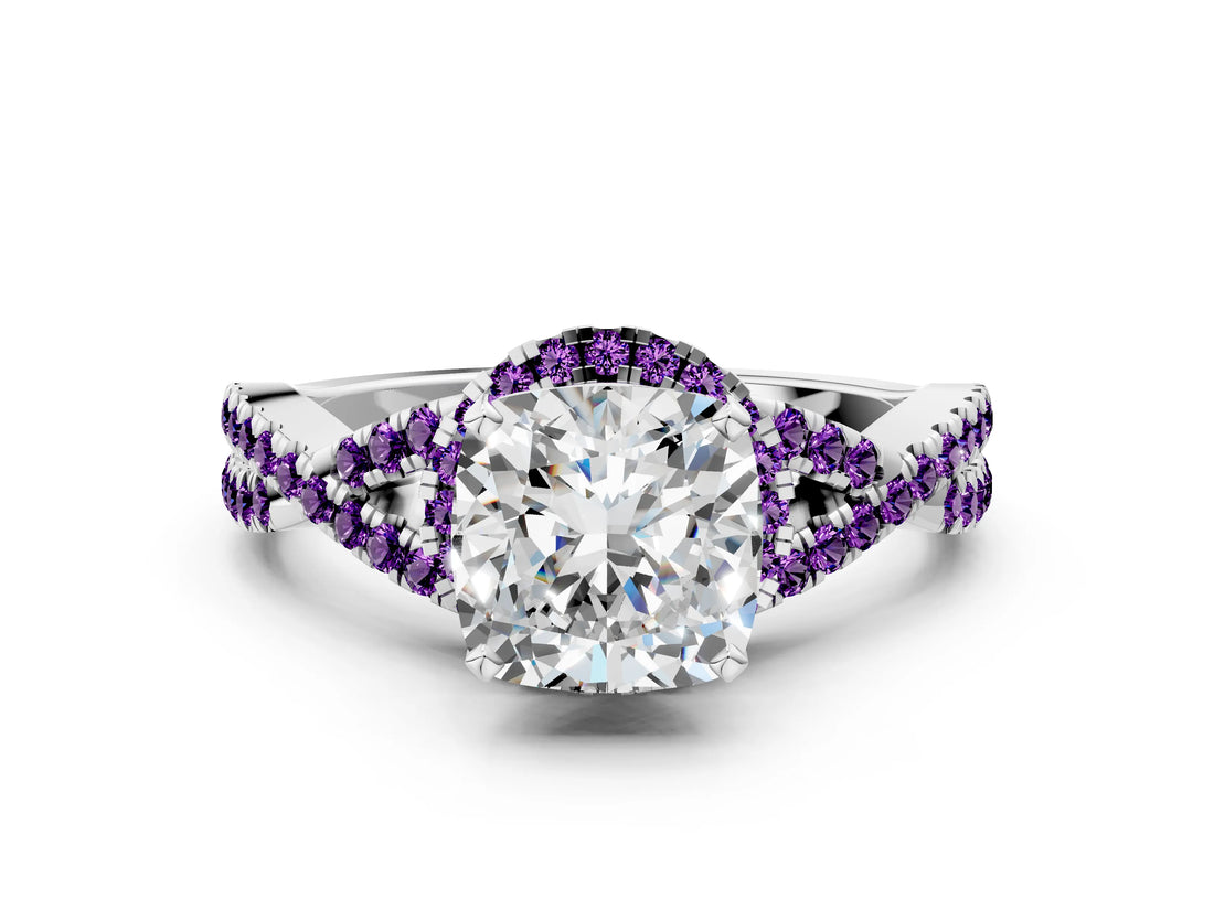 White gold Cushion Cut Diamond with Amethyst side stone Halo Twist Band Solitaire Prong Setting Ring_36