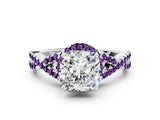 White gold Cushion Cut Diamond with Amethyst side stone Halo Twist Band Solitaire Prong Setting Ring_36