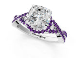 White gold Cushion Cut Diamond with Amethyst side stone Halo Twist Band Solitaire Prong Setting Ring_37