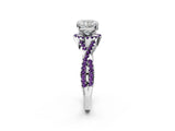 White gold Cushion Cut Diamond with Amethyst side stone Halo Twist Band Solitaire Prong Setting Ring_38