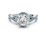 White gold Cushion Cut Diamond with Aquamarine side stone Halo Twist Band Solitaire Prong Setting Ring_12