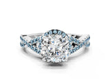 White gold Cushion Cut Diamond with Aquamarine side stone Halo Twist Band Solitaire Prong Setting Ring_37