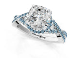 White gold Cushion Cut Diamond with Aquamarine side stone Halo Twist Band Solitaire Prong Setting Ring_38