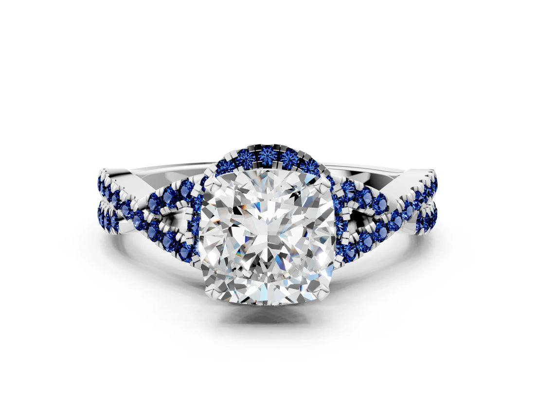 White gold Cushion Cut Diamond with Blue Sapphire side stone Halo Twist Band Solitaire Prong Setting Ring_12
