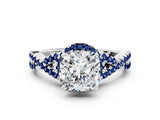 White gold Cushion Cut Diamond with Blue Sapphire side stone Halo Twist Band Solitaire Prong Setting Ring_12