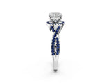 White gold Cushion Cut Diamond with Blue Sapphire side stone Halo Twist Band Solitaire Prong Setting Ring_14