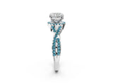 White gold Cushion Cut Diamond with Blue Topaz side stone Halo Twist Band Solitaire Prong Setting Ring_14