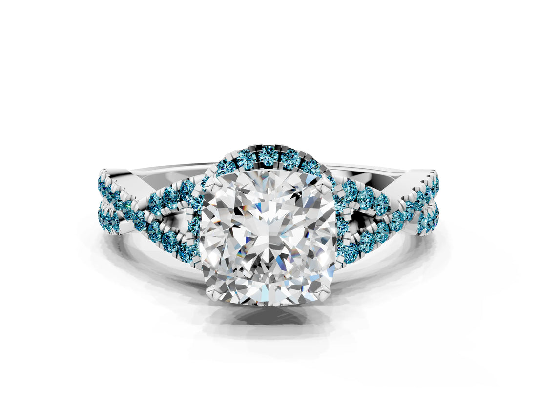 White gold Cushion Cut Diamond with Blue Topaz side stone Halo Twist Band Solitaire Prong Setting Ring_24