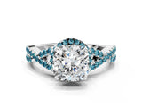 White gold Cushion Cut Diamond with Blue Topaz side stone Halo Twist Band Solitaire Prong Setting Ring_24
