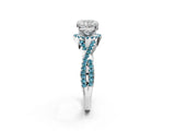 White gold Cushion Cut Diamond with Blue Topaz side stone Halo Twist Band Solitaire Prong Setting Ring_26