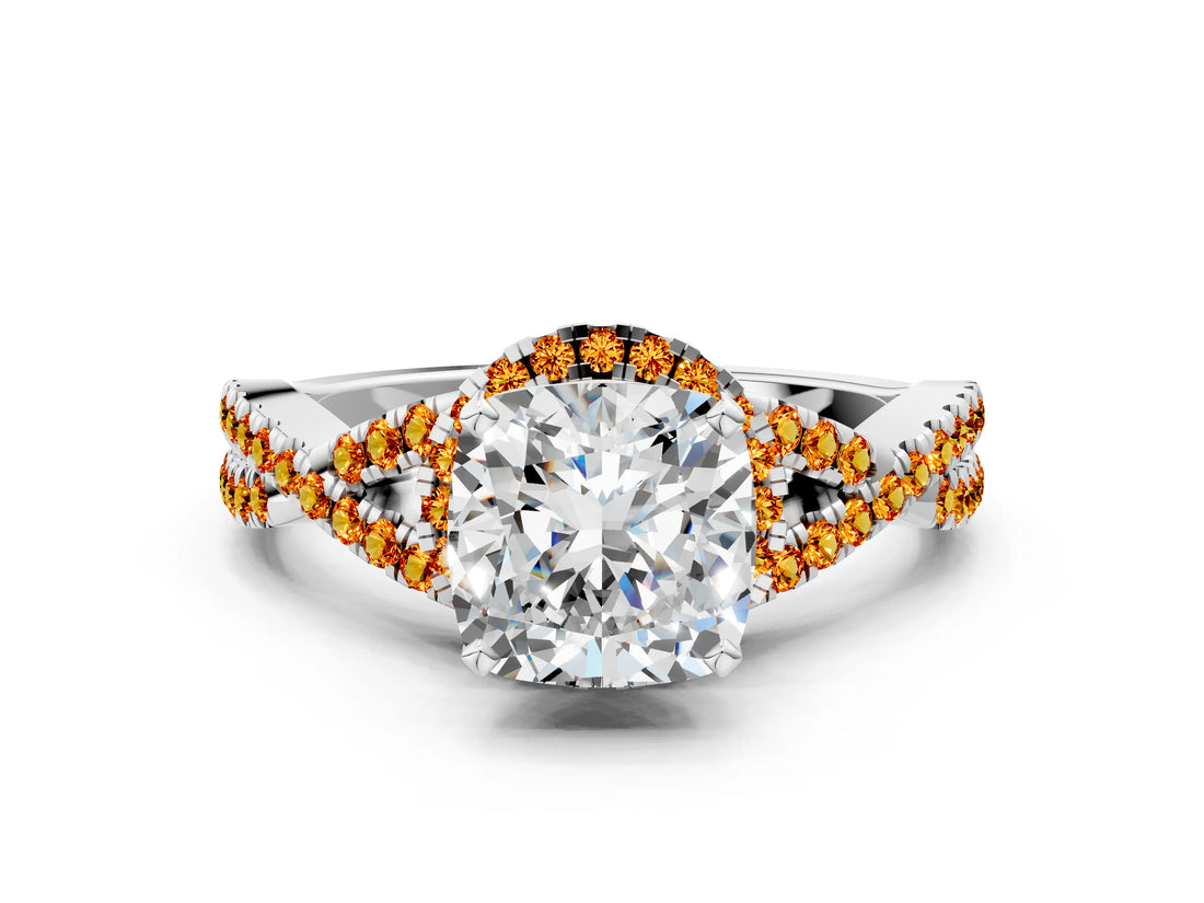 White gold Cushion Cut Diamond with Citrine side stone Halo Twist Band Solitaire Prong Setting Ring_12