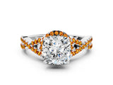 White gold Cushion Cut Diamond with Citrine side stone Halo Twist Band Solitaire Prong Setting Ring_12