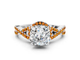White gold Cushion Cut Diamond with Citrine side stone Halo Twist Band Solitaire Prong Setting Ring_36