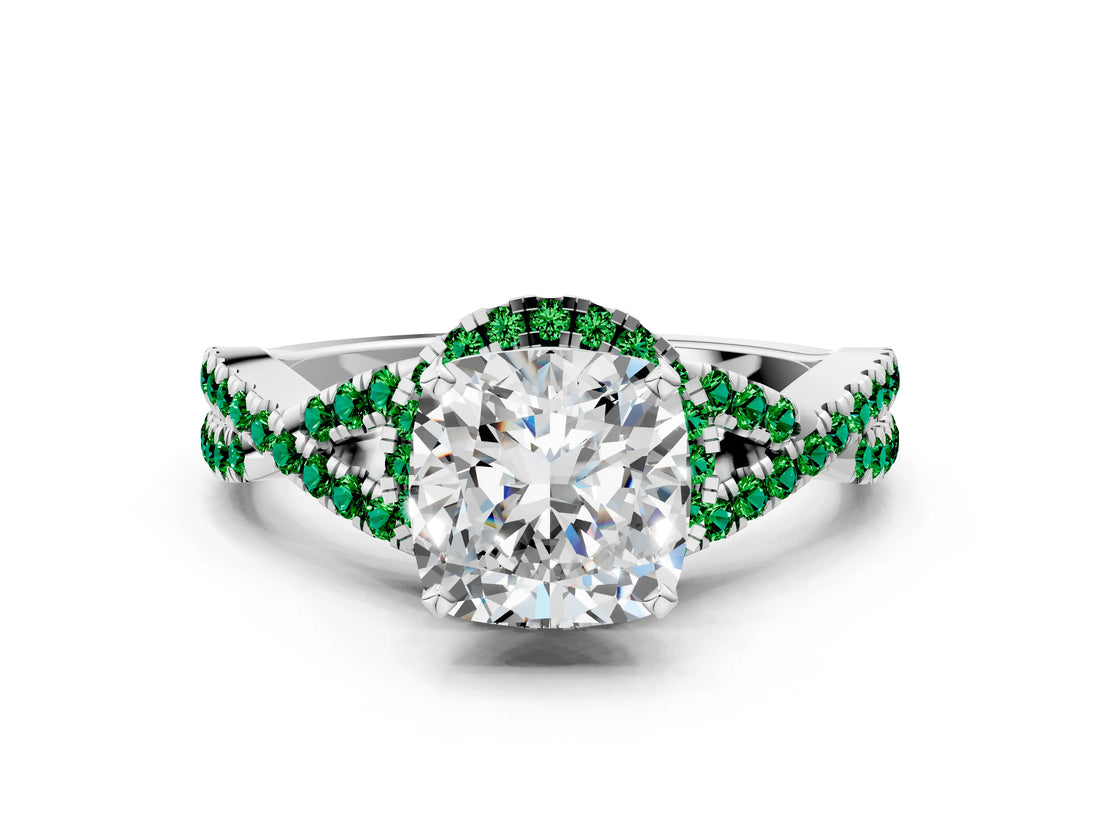 White gold Cushion Cut Diamond with Emerald side stone Halo Twist Band Solitaire Prong Setting Ring_12