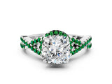 White gold Cushion Cut Diamond with Emerald side stone Halo Twist Band Solitaire Prong Setting Ring_12