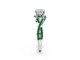 White gold Cushion Cut Diamond with Emerald side stone Halo Twist Band Solitaire Prong Setting Ring_2