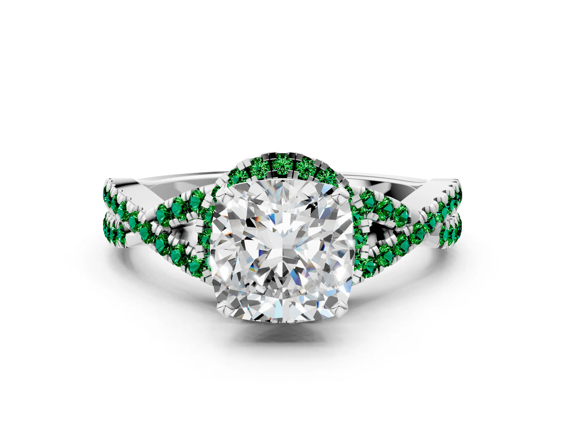 White gold Cushion Cut Diamond with Emerald side stone Halo Twist Band Solitaire Prong Setting Ring_24