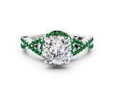 White gold Cushion Cut Diamond with Emerald side stone Halo Twist Band Solitaire Prong Setting Ring_24