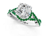 White gold Cushion Cut Diamond with Emerald side stone Halo Twist Band Solitaire Prong Setting Ring_25