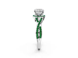 White gold Cushion Cut Diamond with Emerald side stone Halo Twist Band Solitaire Prong Setting Ring_26
