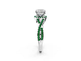 White gold Cushion Cut Diamond with Emerald side stone Halo Twist Band Solitaire Prong Setting Ring_38