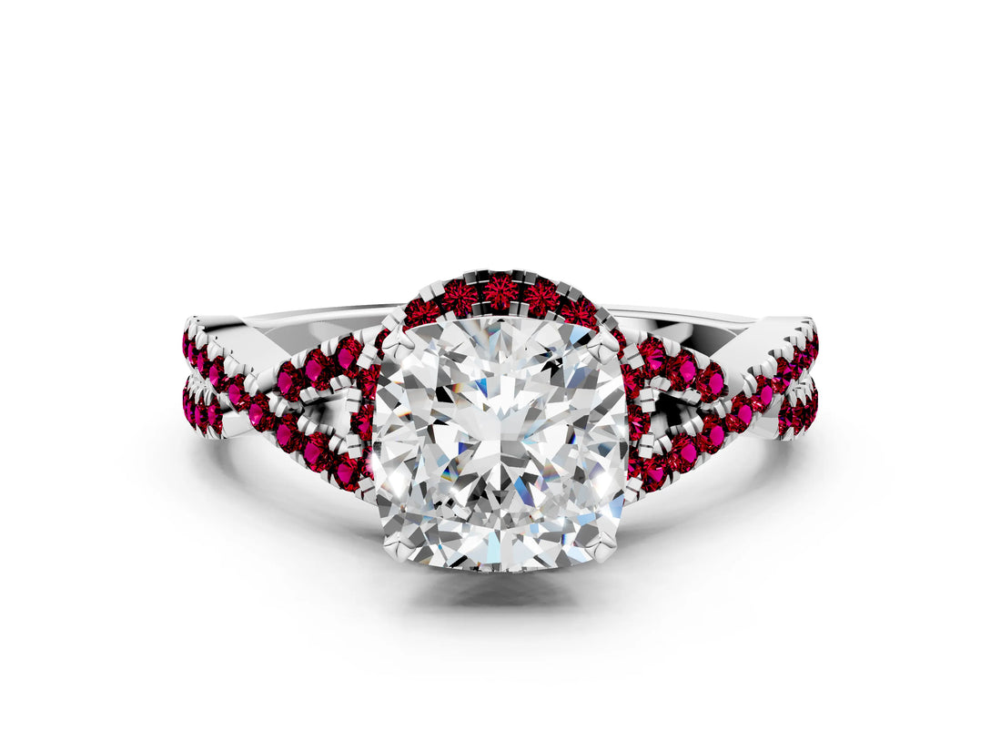 White gold Cushion Cut Diamond with Garnet side stone Halo Twist Band Solitaire Prong Setting Ring_36