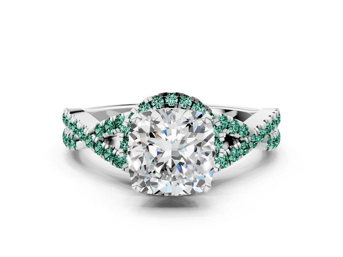 White gold Cushion Cut Diamond with Green Sapphire side stone Halo Twist Band Solitaire Prong Setting Ring_12