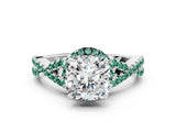 White gold Cushion Cut Diamond with Green Sapphire side stone Halo Twist Band Solitaire Prong Setting Ring_12