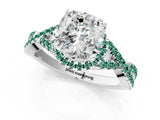 White gold Cushion Cut Diamond with Green Sapphire side stone Halo Twist Band Solitaire Prong Setting Ring_13